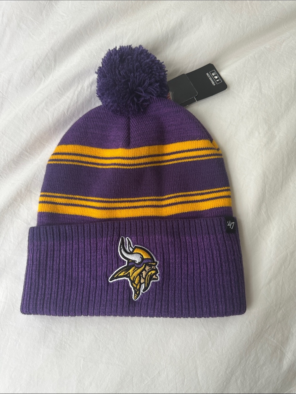 47 Adult Unisex Minnesota Vikings Purple and Yellow Pom Cuff Beanie